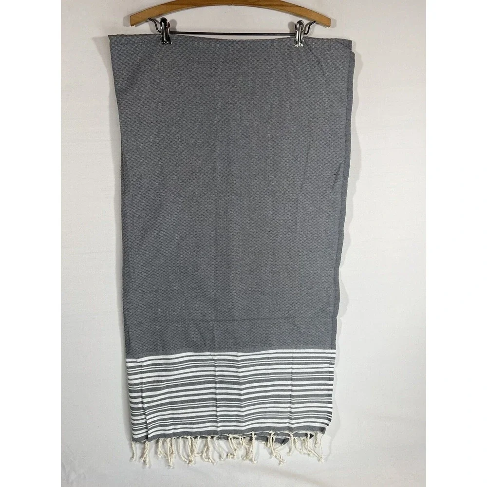 Williams Sonoma Table Runner Gray Stripe Linen Fringe‎ Minimalist Coastal Decor